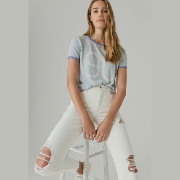 Lucky Brand 90 Ringer Crew Tee in Cashmere Blue | Size Small - Picture 2 of 7